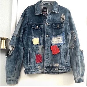 Imperious Distressed Denim Jacket Colorful Patches Size M